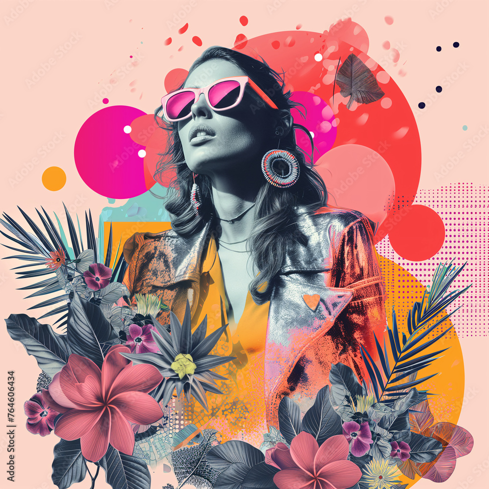 Art summer collage, fashion woman and botanical elements abstract shape and point texture