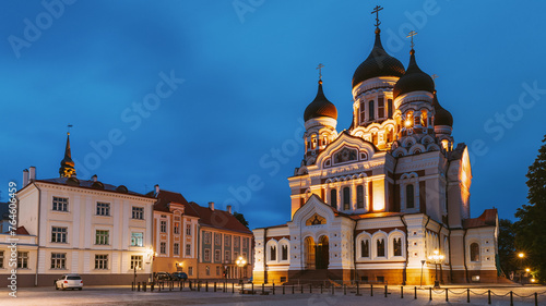 Tallinn, Estonia. Building Of Alexander Nevsky Cathedral In Night Time. Famous Orthodox Cathedral. © Grigory Bruev