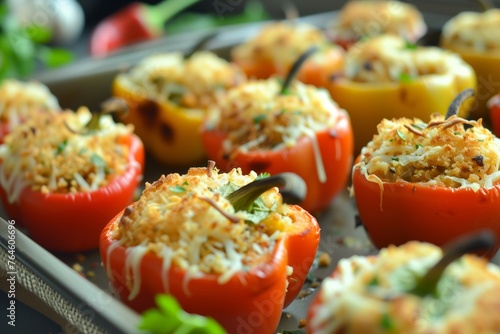 arranging stuffed peppers on a baking tray photo