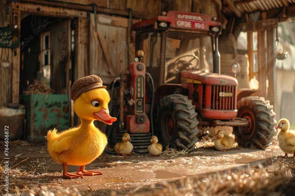 A charming cartoon scene of a cheerful yellow duck wearing a farmers hat, standing on its webbed feet to reach the gas pump, filling up an old, rustic tractor amidst a backdrop of a bustling farmyard  - obrazy, fototapety, plakaty 
