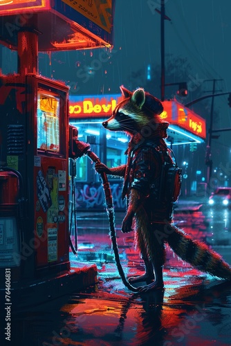 An urbaninspired digital painting featuring a streetsmart raccoon wearing a stylish black cap, filling up a graffiticovered sports car at a neonlit gas station in the heart of the city at night  high  photo