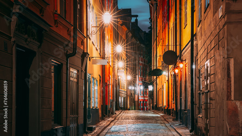 Stockholm, Sweden. Night View Of Traditional Stockholm Street. Residential Area, Cozy Street In Downtown. Palsundsgatan Street In Historical District Gamla Stan.