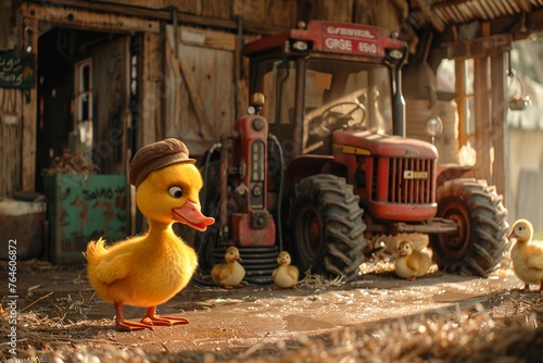 A charming cartoon scene of a cheerful yellow duck wearing a farmers hat, standing on its webbed feet to reach the gas pump, filling up an old, rustic tractor amidst a backdrop of a bustling farmyard 