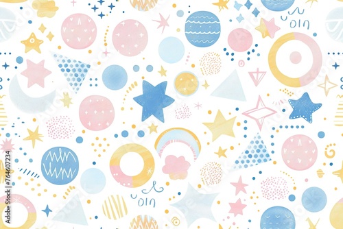 Kids boho seamless pattern. Pastel colors, gender neutral. Applicable for fabric print, textile, wrapping paper, wallpaper. Cute baby texture, repeatable, bohemian style. Nordic design.