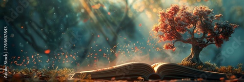 Banner with mystical autumn scene with a vibrant tree growing from an open book on the right, leaves swirling in a magical atmosphere