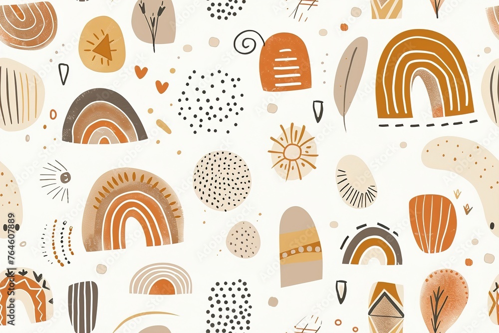 Charming bohemian pattern featuring cute, playful shapes perfect for nursery decor, children's apparel, and creative backgrounds, blending whimsy with modern style.