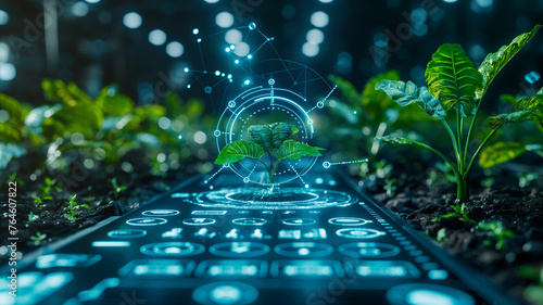 Futuristic agricultural technology concept with digital tablet and interface to control farm operations, Represent modern agricultural innovations and modern farming that uses technology for future