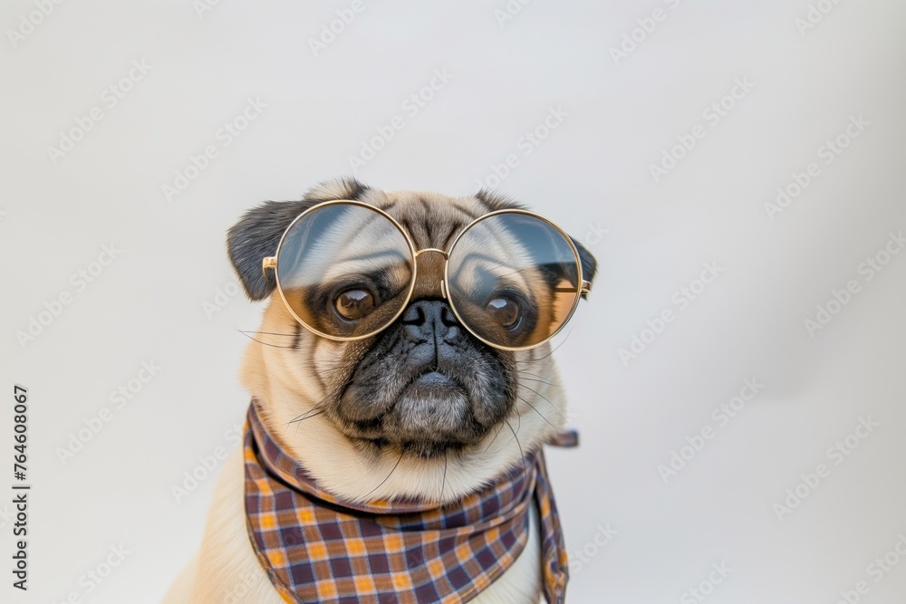 pug wearing round, oversized glasses and a flannel bandana