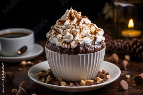 Rich cupcake with creamy topping and chocolate curls and nuts, presented in an elegant white cup with a cup of coffee at the backgraound