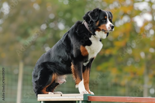 dog performing sitstay on agility podium photo