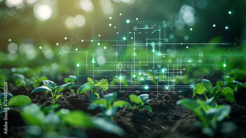 agricultural technology concept with plants in soil with futuristic digital agriculture icons, symbolizing advanced farming technology. Represent modern agricultural innovations and modern farming