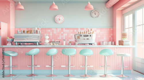 A dreamy ice cream parlor bathed in pastel pinks and blues, offering a retro aesthetic with chic bar stools and whimsical wall clocks.