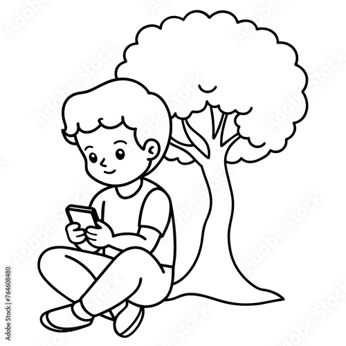 A Cute Boy Using Mobile Phone to sitting under a tree Line Art coloring Page 