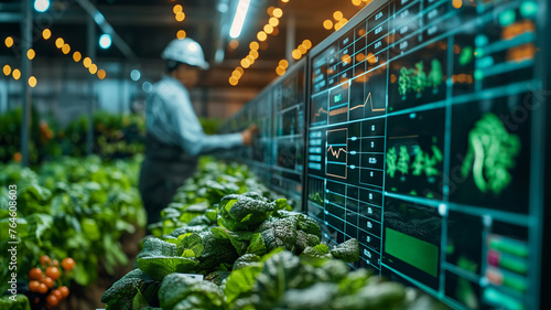 Agricultural worker, farmer monitoring plant health in high tech greenhouse, using digital data analysis for modern agricultural innovations and modern farming that uses technology for future of food photo
