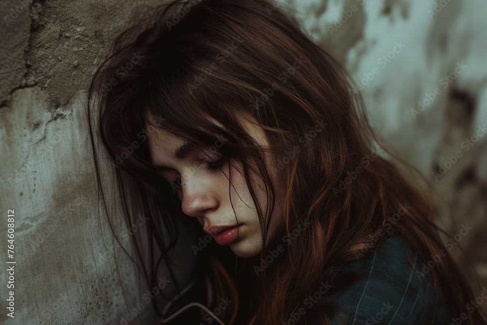 Depressed 15 years old Caucausian teenager girl, sad and unhappy, leaning against a dirty shabby wall. Teenager's depression danger. Depressed 15 years old Caucausian teenager girl, sad and unhappy, leaning against a dirty shabby wall. Teenager's depression danger.