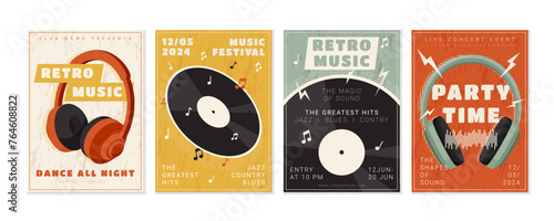 Music vinyl records. Retro musical party poster. Disc turntable and headphones. Jazz concert. DJ dance club. Electronic audio performance. Multimedia headset. Vector garish collage flyers design set