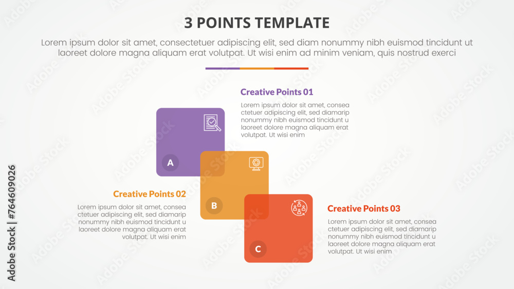 Fototapeta premium 3 points stage template infographic concept for slide presentation with venn blending square stairway structure with 3 point list with flat style
