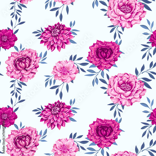 Seamless pattern with abstract artistic flowers and tiny branches leaves. Vector hand drawn illustration. Colorful pink floral printing on a white background. Template for designs, textile, fabric