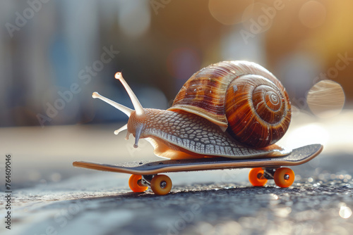 A small snail is riding a skateboard. a playful and whimsical mood. Slow snail skateboard. Speed increase, courier delivery, transportation, efficient fast movement, time saving fast delivery concept