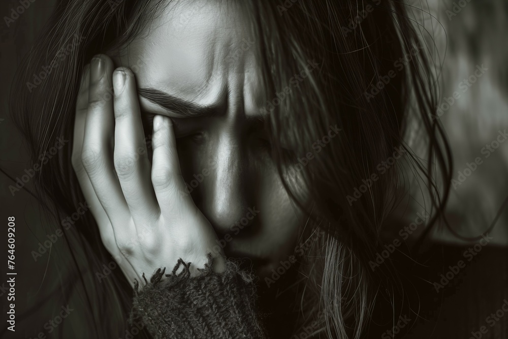 Portrait of a middle aged woman covering her face with hands in despair. Concept of depression, break-up, grief, loss of loved ones Portrait of a middle aged woman covering her face with hands in despair. Concept of depression, break-up, grief, loss of loved ones