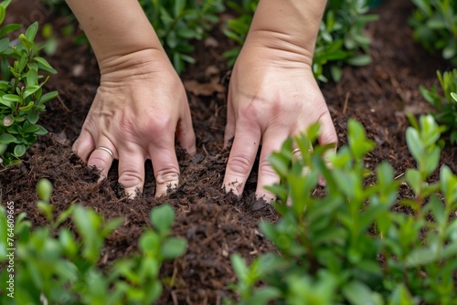 hands pressing mulch around newly planted shrubs