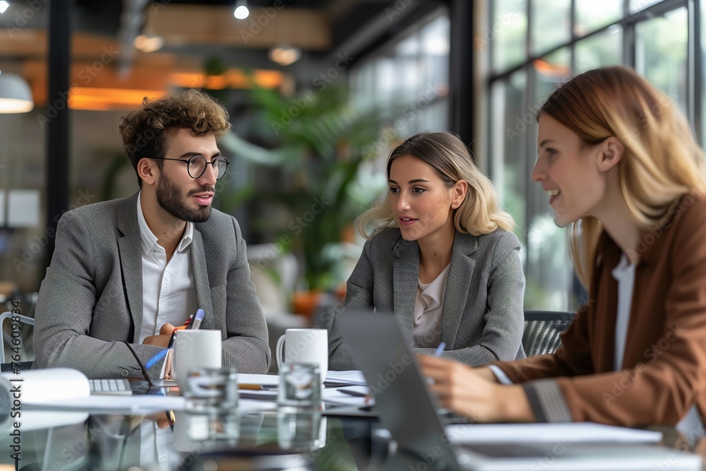 Group of business people discussing business plan at modern startup office. Selective focus