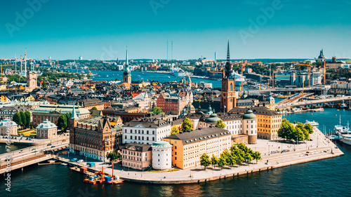 Stockholm, Sweden. Riddarholm Church, The Burial Place Of Swedish Monarchs On The Island Of Riddarholmen. Sunny Cityscape Skyline. Elevated View Of Gamla Stan. photo