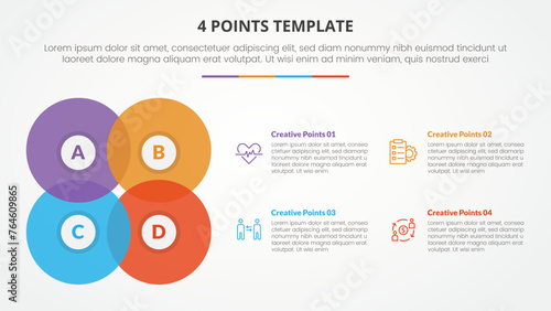 4 points stage list template infographic concept for slide presentation with venn blending big circle create square with flat style