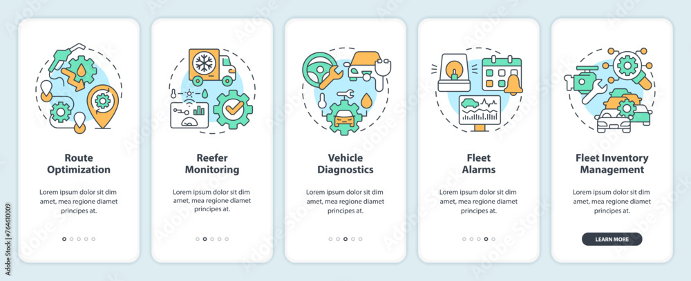 Vehicle monitoring onboarding mobile app screen. Fuel management. Walkthrough 5 steps editable graphic instructions with linear concepts. UI, UX, GUI template. Myriad Pro-Bold, Regular fonts used