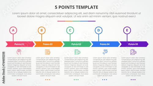 5 points stage template infographic concept for slide presentation with creative arrow header circle point with 5 point list with flat style
