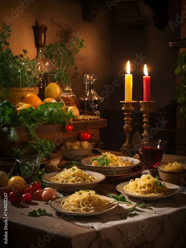 A table with plates of pasta and vegetables, lit candles, and wine glasses