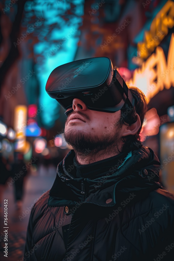 Person wearing VR goggles on a street in public. Virtual Reality use case concept. Person wearing VR goggles on a street in public. Virtual Reality use case concept.