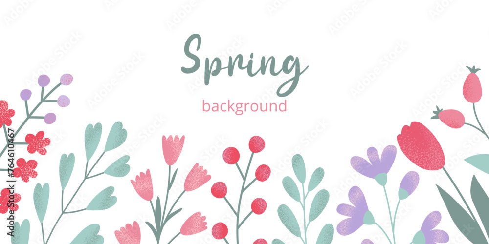 Spring or summer rectangular botanical template in flat vector style. Hand drawn colorful different grainy textured flowers and green leaves.