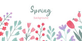 Spring or summer rectangular botanical template in flat vector style. Hand drawn colorful different grainy textured flowers and green leaves.