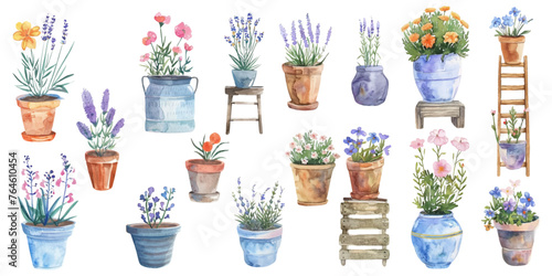 Set of watercolor flower pots on white background.