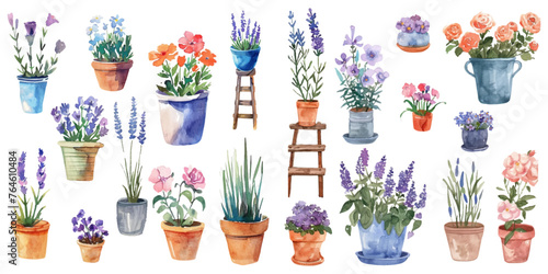 Set of watercolor flower pots on white background.