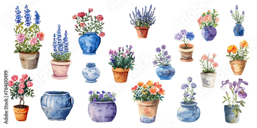 Set of watercolor flower pots on white background.