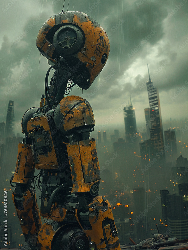 Bio-Mechanical Soldier, Battle-Worn Armor,Half-human half-robot soldier, War-torn city ruins, Stormy weather, Photography, Spotlights, HDR