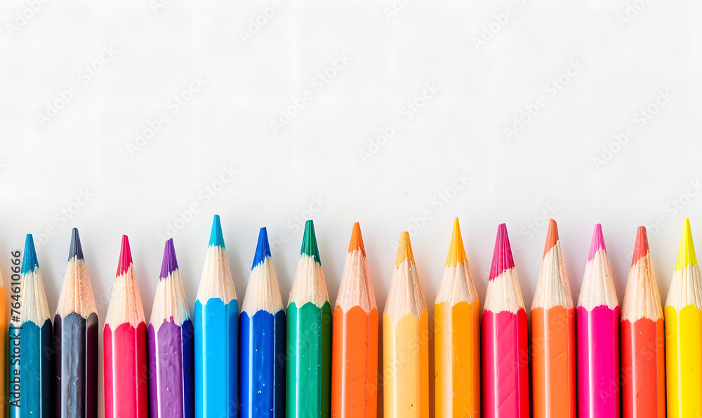 color pencils are lined up as a frame with copy space, Generative AI color pencils are lined up as a frame with copy space, Generative AI