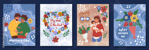 Mother day, flower card. Floral watercolor posters, happy birthday postcard. Background pattern design. Child baby with mom. Love nature plant. Woman and children vector tidy cartoon flat illustration