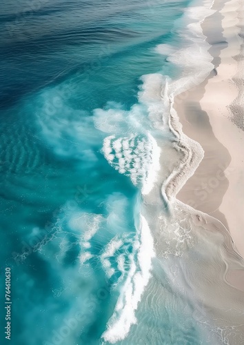 Top view of beach and ocean with waves photo