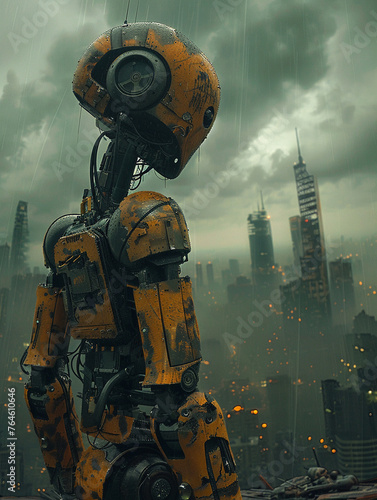 Bio-Mechanical Soldier, Battle-Worn Armor,Half-human half-robot soldier, War-torn city ruins, Stormy weather, Photography, Spotlights, HDR © elbanco