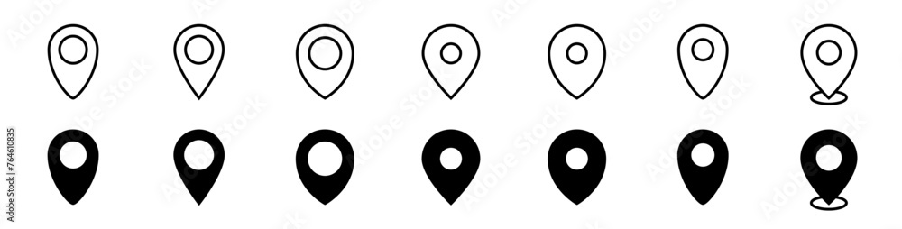 Location pin set. Line and glyph map location marker. Position pin set Location pin set. Line and glyph map location marker. Position pin set