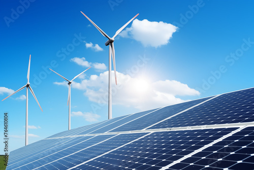 Solar energy panel photovoltaic cell and wind turbine farm power generator.