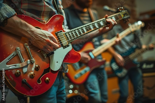 Group of people playing guitars in a casual jam session or band practice setting. Concept Musician Group, Guitar Jam Session, Band Practice, Casual Setting, Musical Collaboration