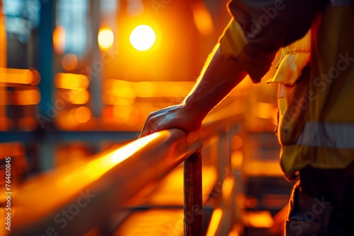 hand of worker gripping safety rail, platform softly unfocused