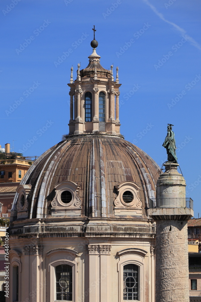 Santissimo Nome di Maria al Foro Traiano Church Dome with Trajan's Column Statue in Rome, Italy