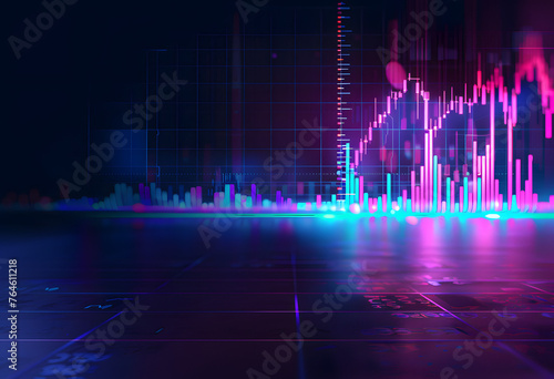 Stock Market Trends Under Blue and Purple Neon Glow: Dynamic Perspective and Depth in Financial Illustration