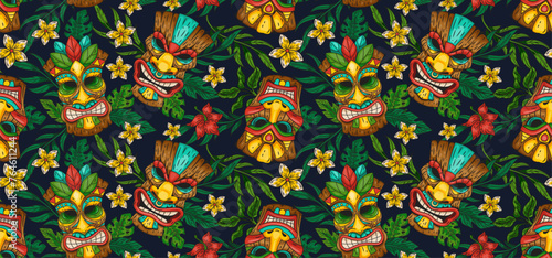 Pattern Tiki Hawaiian. Seamless tropical, aloha totem mask. Tropical flower print, sign vintage. Hawaii beach palm. Vector tidy tribal cartoon summer decor textile, wrapping paper, wallpaper design