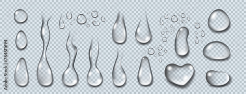 Drop water. Serum gel, oil droplet, collagen liquid jelly clear, cream hyaluron acid, transparent ball, surface moisture lotion. Clear isolated liquid closeup. Rain condensation. Vector background 3d